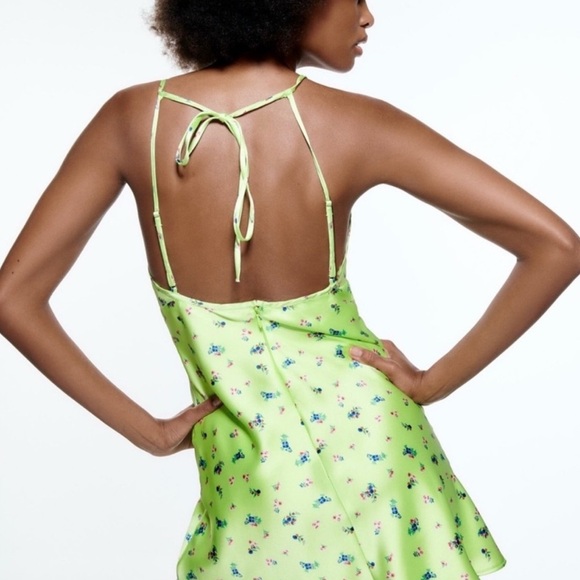 ZARA Floral Lime Green Slip Dress - Picture 2 of 5